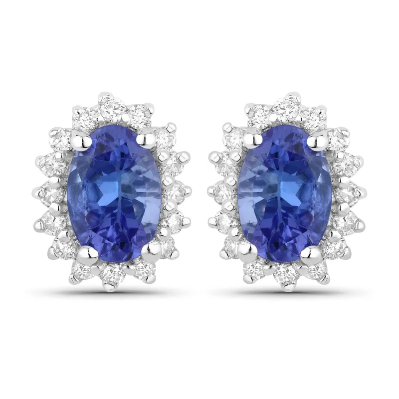 0.88 Ct Oval Violet Tanzanite & Lab Diamond Prong Silver Halo Basket Stud Earrings made by Zulily