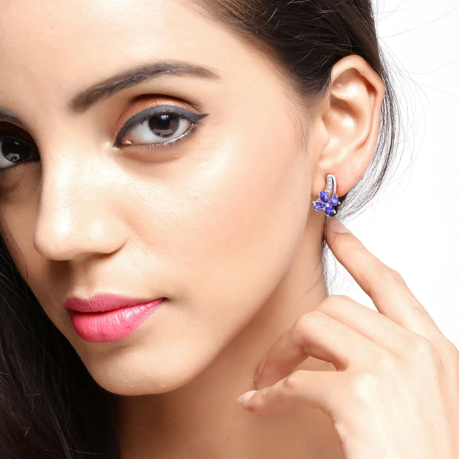 1.12 Ct Pear Violet Tanzanite & Lab Diamond Prong Silver Flower Drop Earrings sold by Zulily product image thumbnail 2