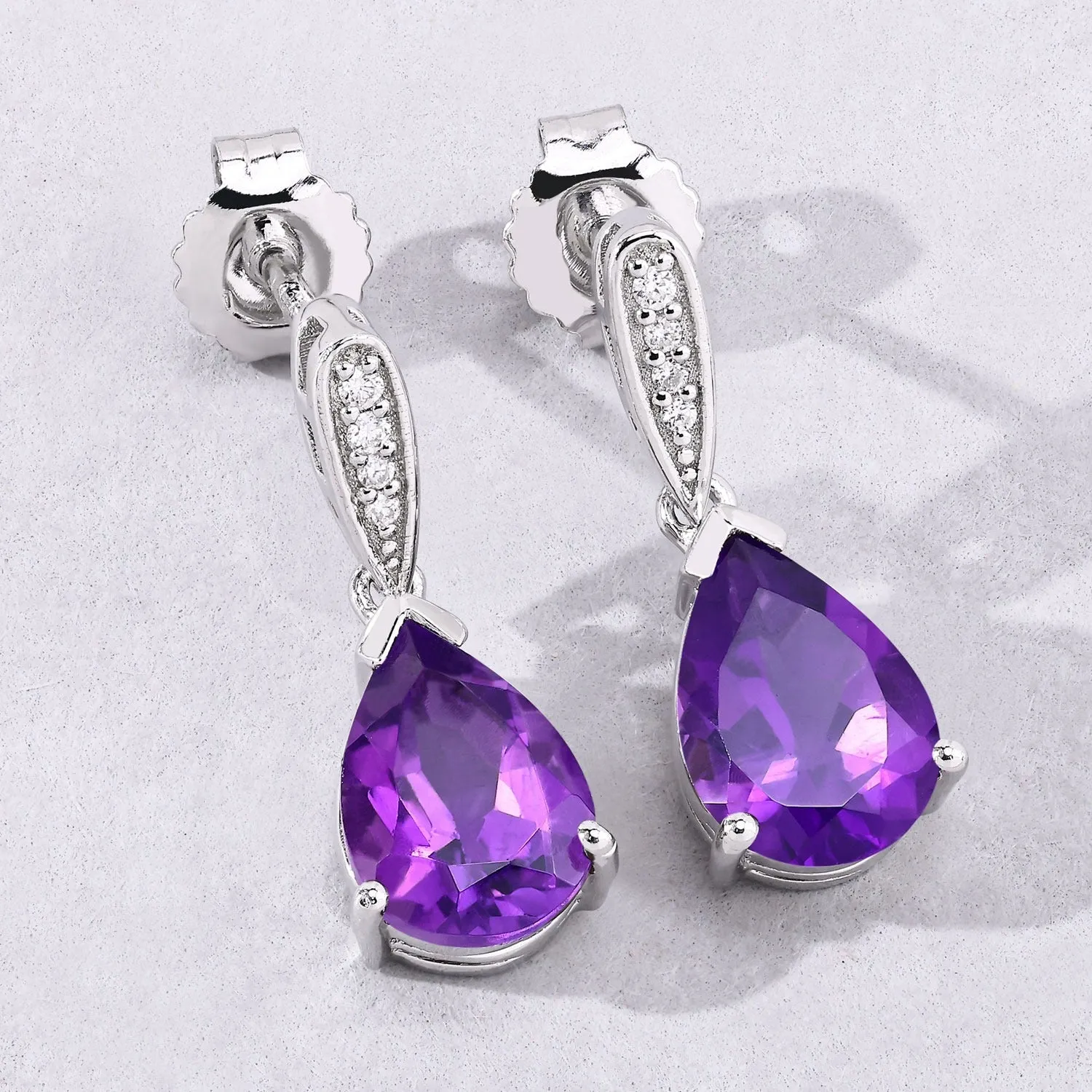 2.70 Ct Pear Purple Amethyst & Lab Diamond V-Prong Silver Teardrop Dangle Earrings sold by Zulily product image thumbnail 3