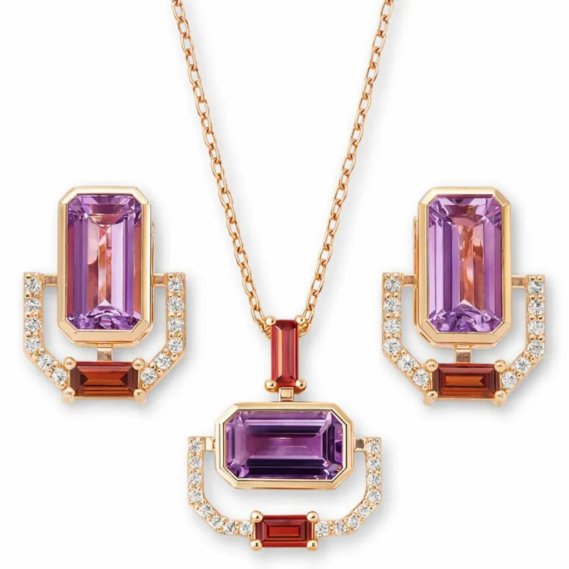Rose Gold Emerald Cut Natural Amethyst Silver Jewelry Set made by Zulily