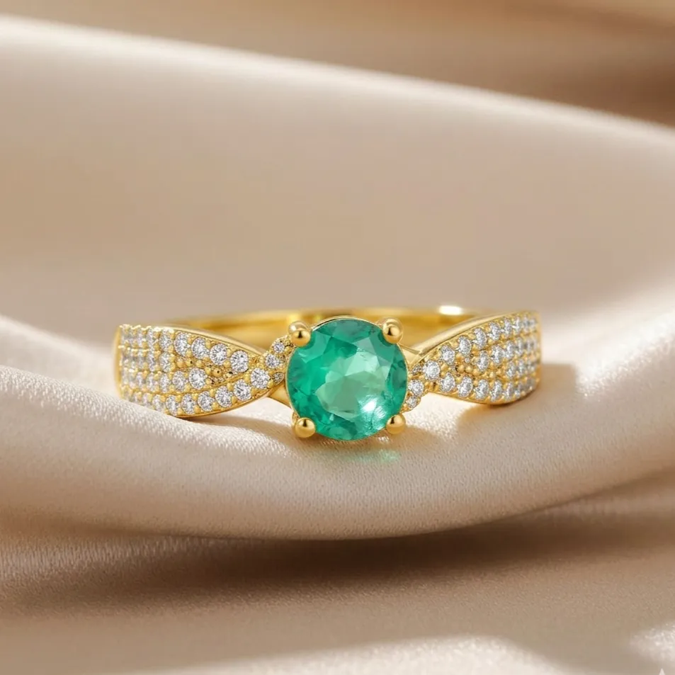 1.26 Ct Round Green Emerald and White Sapphire Prong 22K Gold Vermeil Pave Crossover Engagement Ring sold by Zulily product image thumbnail 3