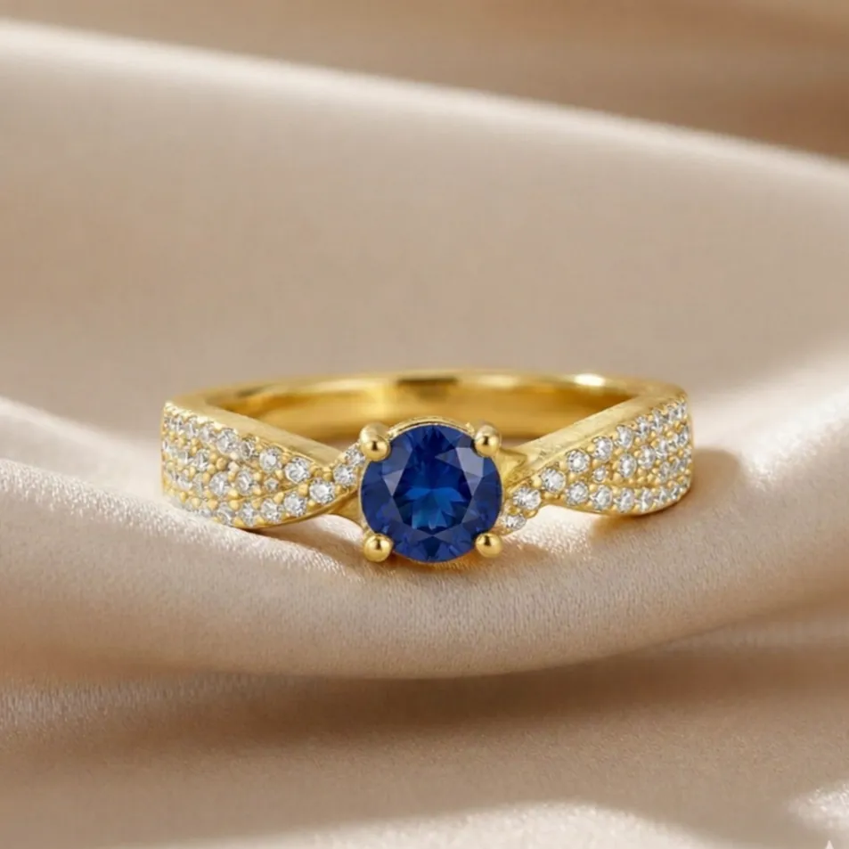 1.39 Ct Round Blue Sapphire and White Sapphire Prong 22K Gold Vermeil Engagement Ring sold by Zulily product image thumbnail 3