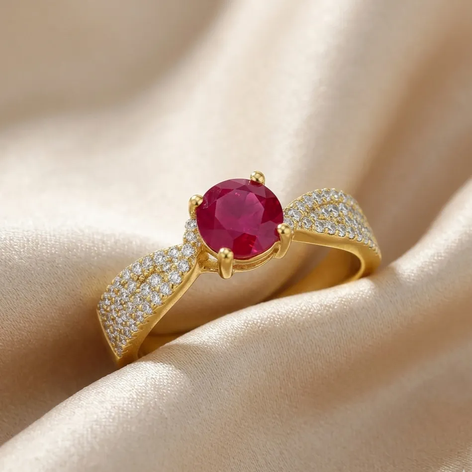 0.65 Ct Round Red Ruby 22k Gold Vermeil Solitaire Tapered Twist Shank Prong Pave Ring sold by Zulily product image thumbnail 3