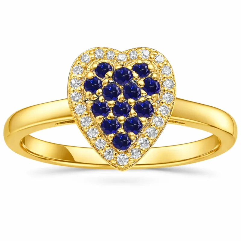 0.70 Ct Round Blue Sapphire Prong 22k Gold Vermeil Heart Halo Statement Ring made by Zulily