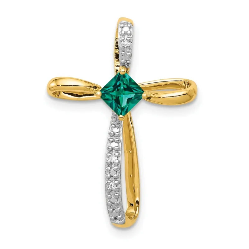 Lab Created Emerald and Diamond Cross Pendant Gold made by Zulily