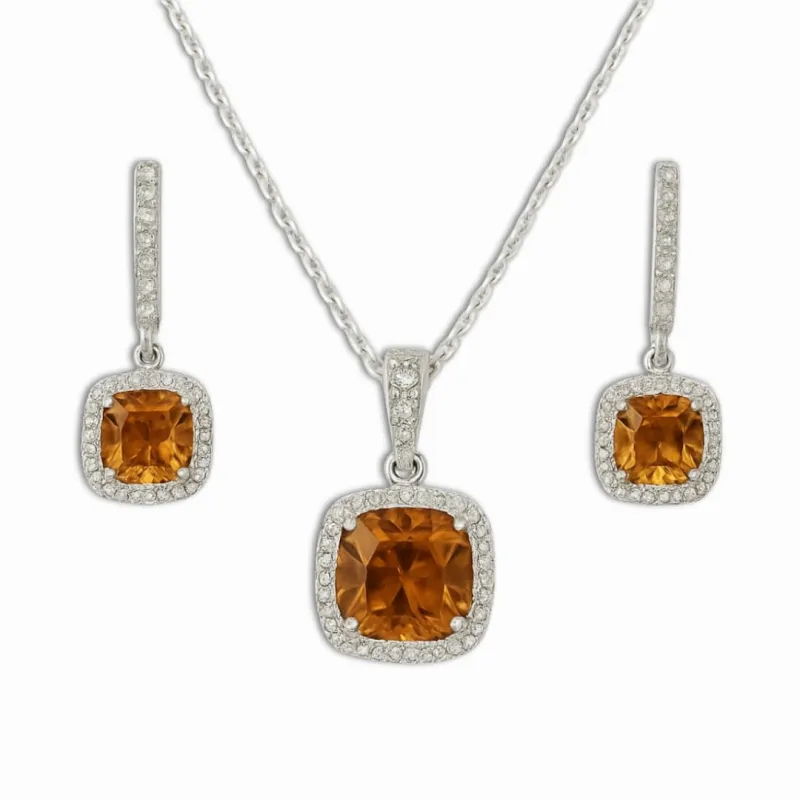 Silver Natural Cushion Citrine Earrings and Necklace Jewelry Sets made by Zulily