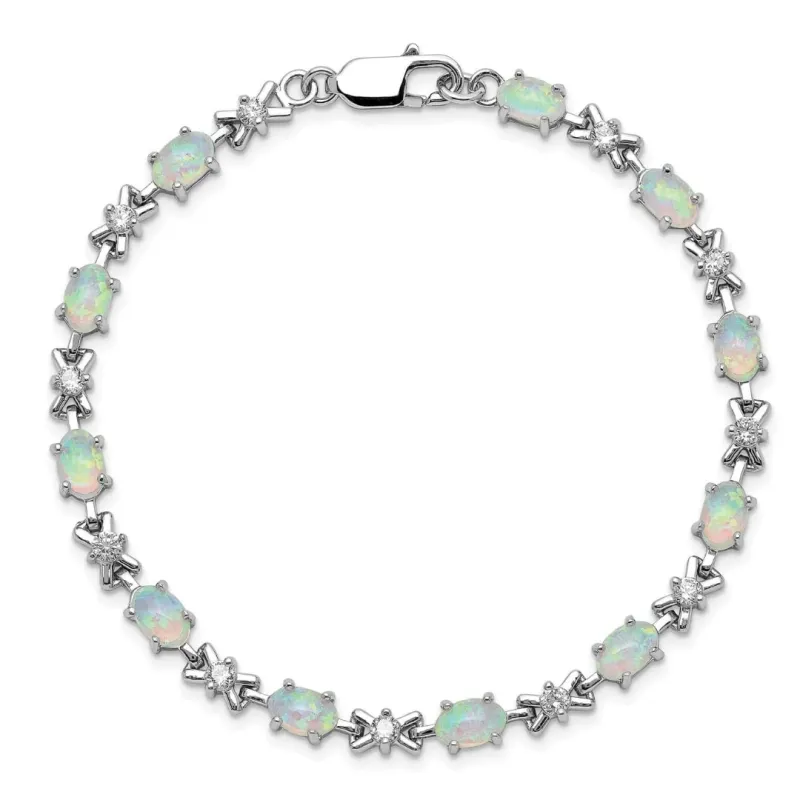 Oval White Created Opal & CZ Prong Sterling Silver X Link Bracelet made by Zulily