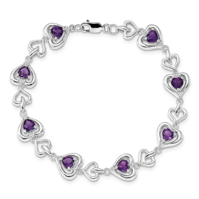 Heart Purple Amethyst & Diamond Prong Sterling Silver Heart Link Bracelet made by Zulily