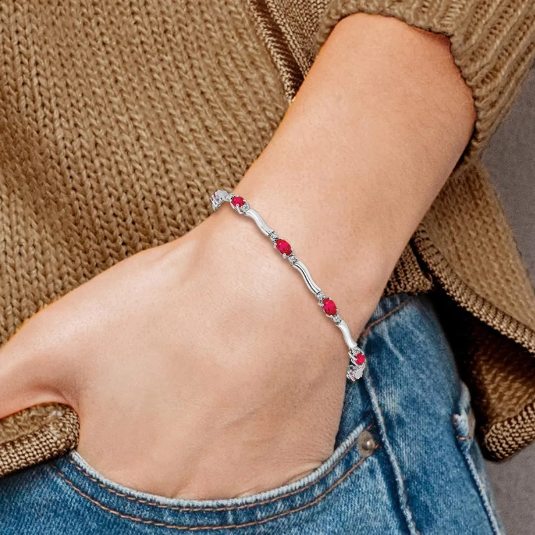 Oval Red Ruby & Diamond Prong 14K White Gold Wave Link Bracelet sold by Zulily product image thumbnail 4
