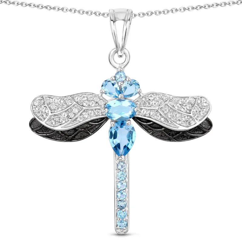 2.30 Ct Swiss Blue Topaz Prong Silver Dragonfly Pendant Cable Chain Necklace made by Zulily