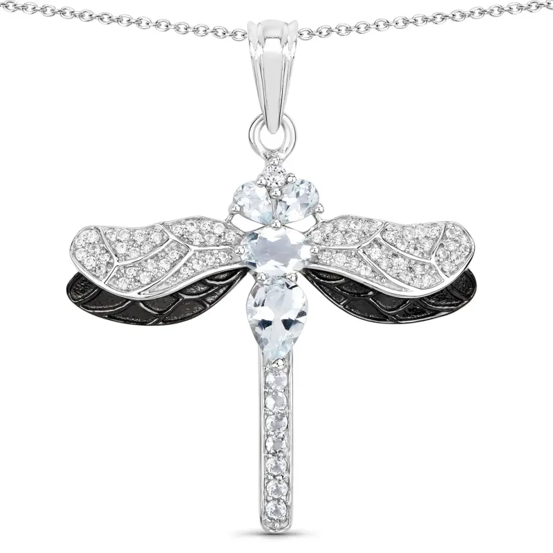 1.86 Ct Blue Aquamarine Prong Sterling Silver Dragonfly Pendant Cable Chain Necklace made by Zulily