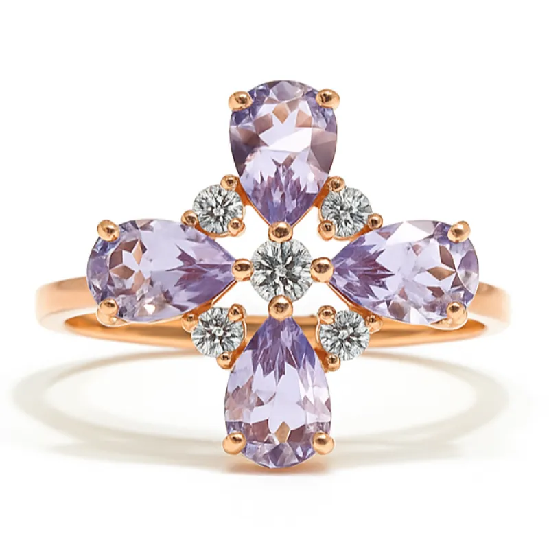1.28 Ct Pear Purple Amethyst and White Topaz Prong Silver Four Leaf Clover Ring made by Zulily