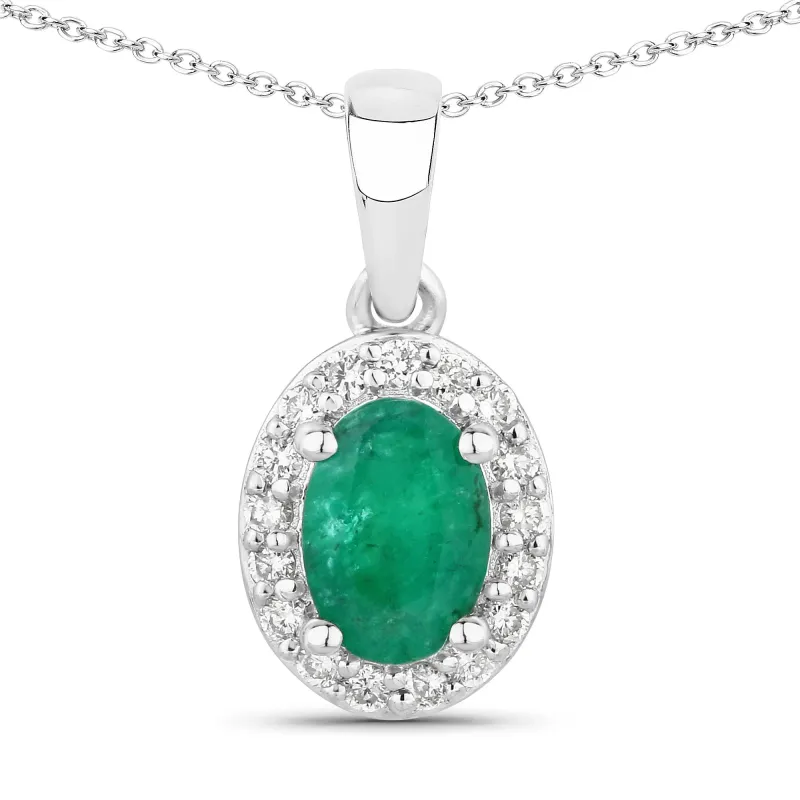 0.72 Ct Oval Green Zambian Emerald & Lab Diamond Prong Silver Halo Pendant Necklace made by Zulily
