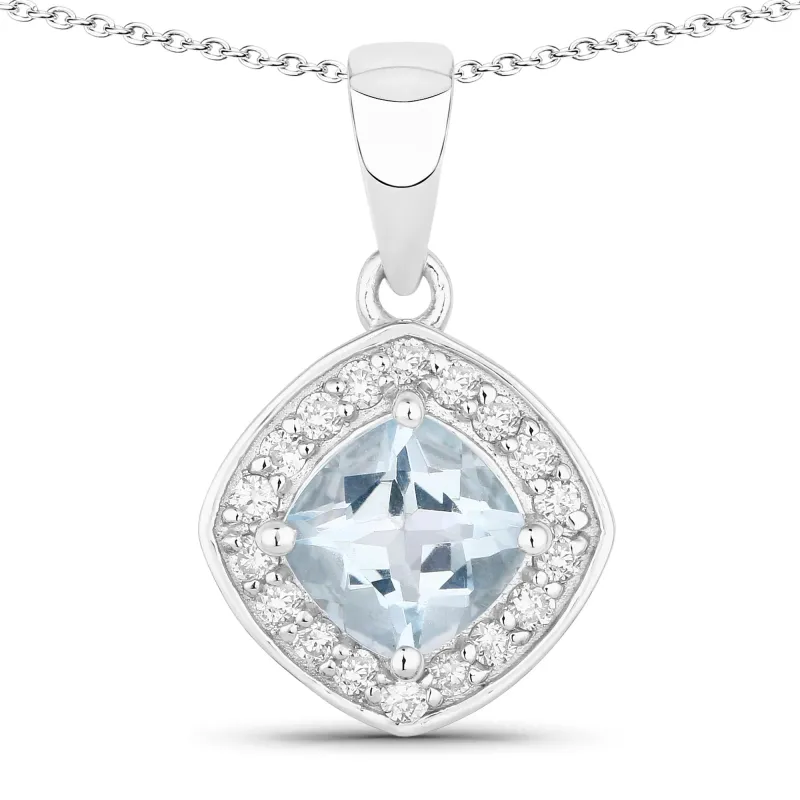 0.75 Ct Cushion Blue Aquamarine and Lab Diamond Prong Silver Halo Pendant Necklace made by Zulily