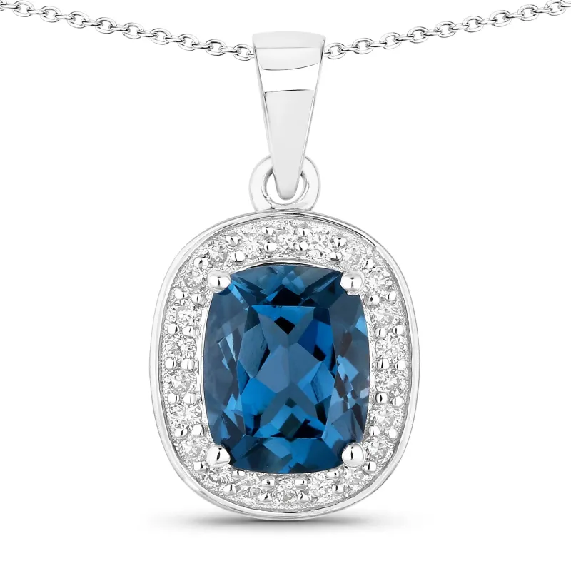 2.01 Ct Cushion London Blue Topaz and Lab Diamond Prong Silver Halo Pendant Necklace made by Zulily