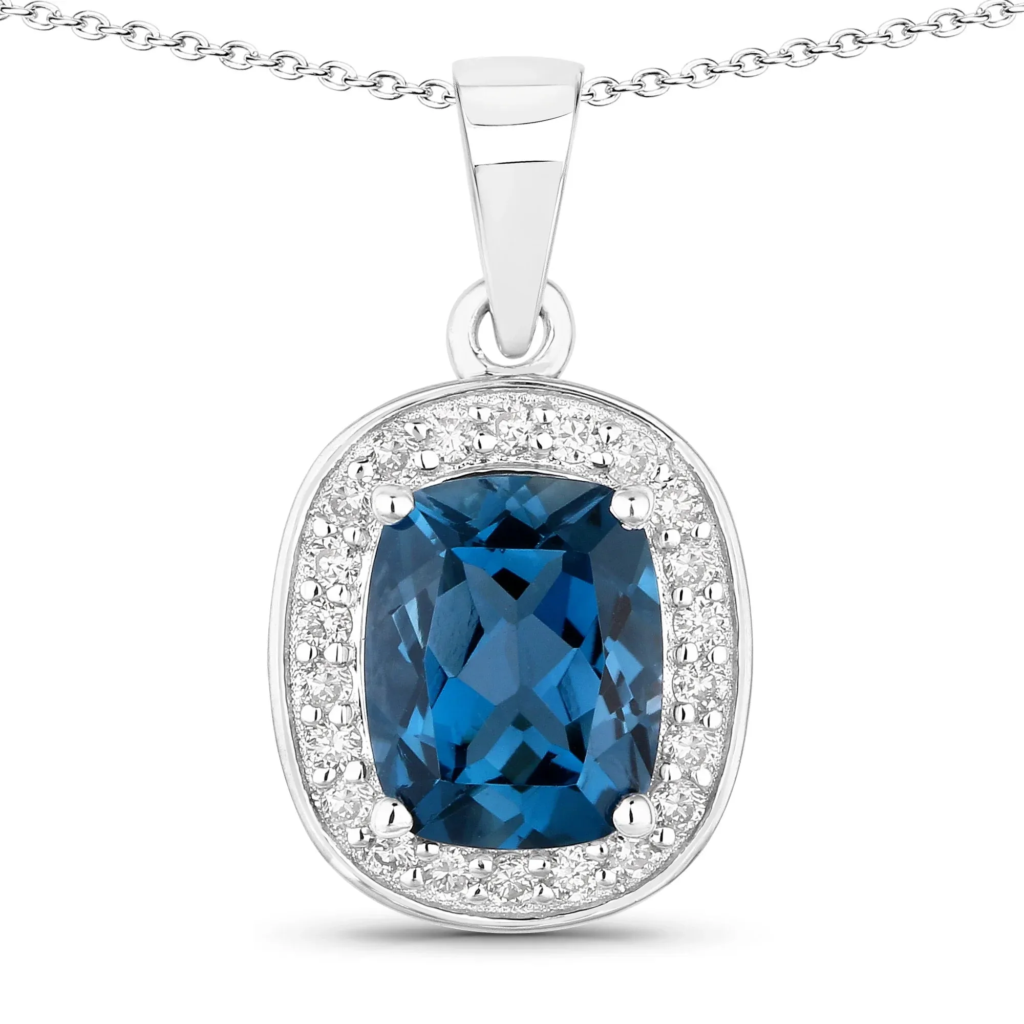 2.01 Ct Cushion London Blue Topaz and Lab Diamond Prong Silver Halo Pendant Necklace sold by Zulily