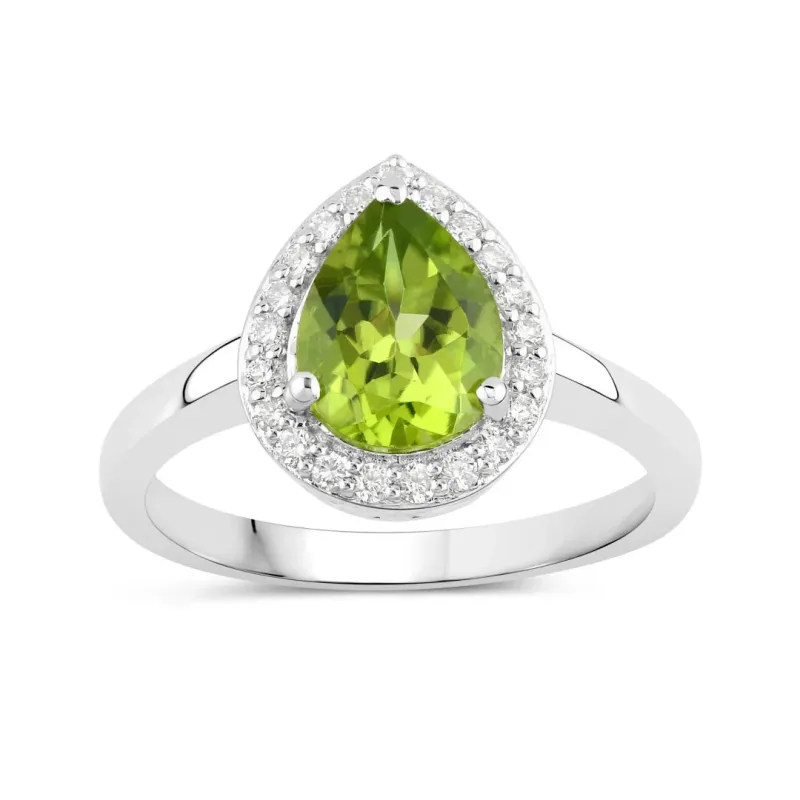 1.46 Ct Pear Green Peridot and Lab Diamond Prong Silver Halo Bridge Ring made by Zulily