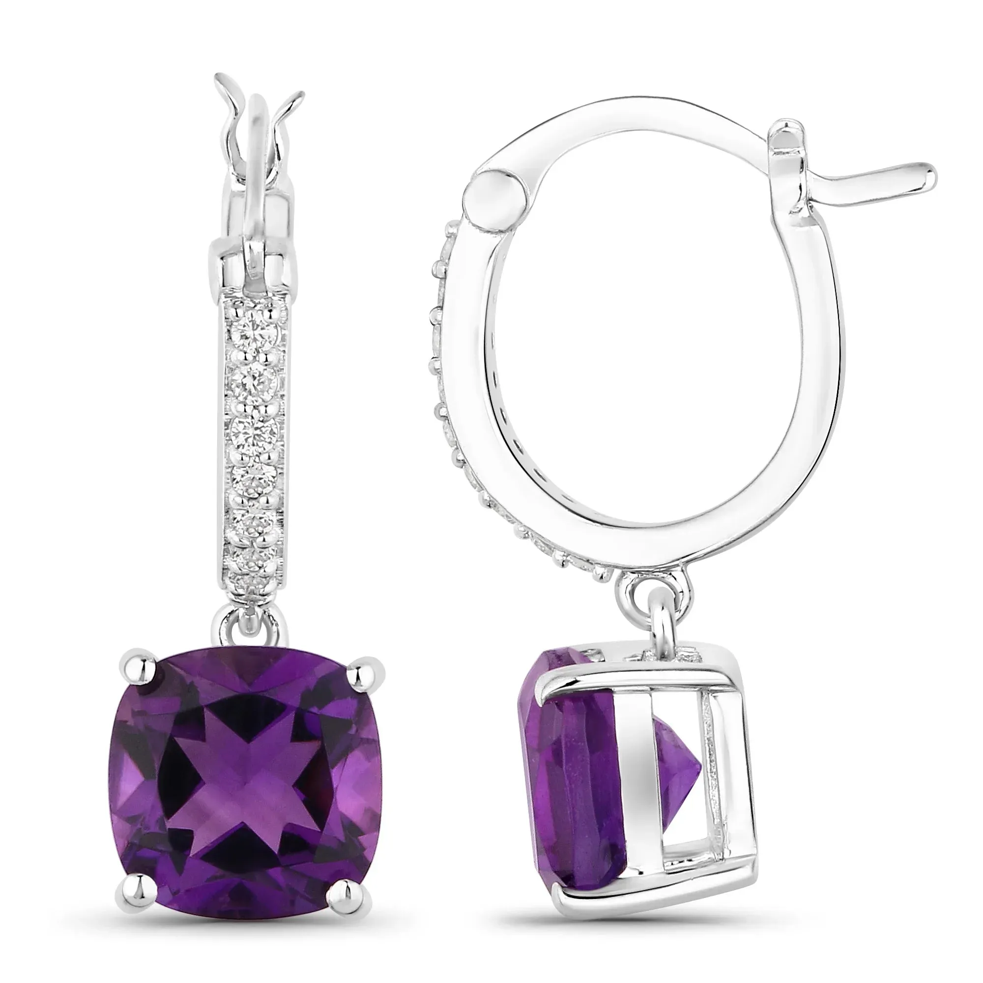 3.60 Ct Cushion Purple Amethyst & Lab Diamond Prong Rhodium Plated Silver Dangle Earrings sold by Zulily product image thumbnail 2
