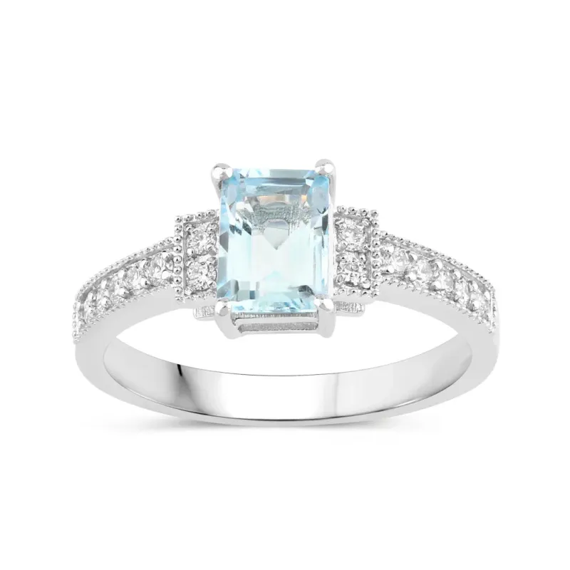 0.80 Ct Octagon Blue Aquamarine & Lab Diamond Prong Silver Pave Bridge Ring made by Zulily