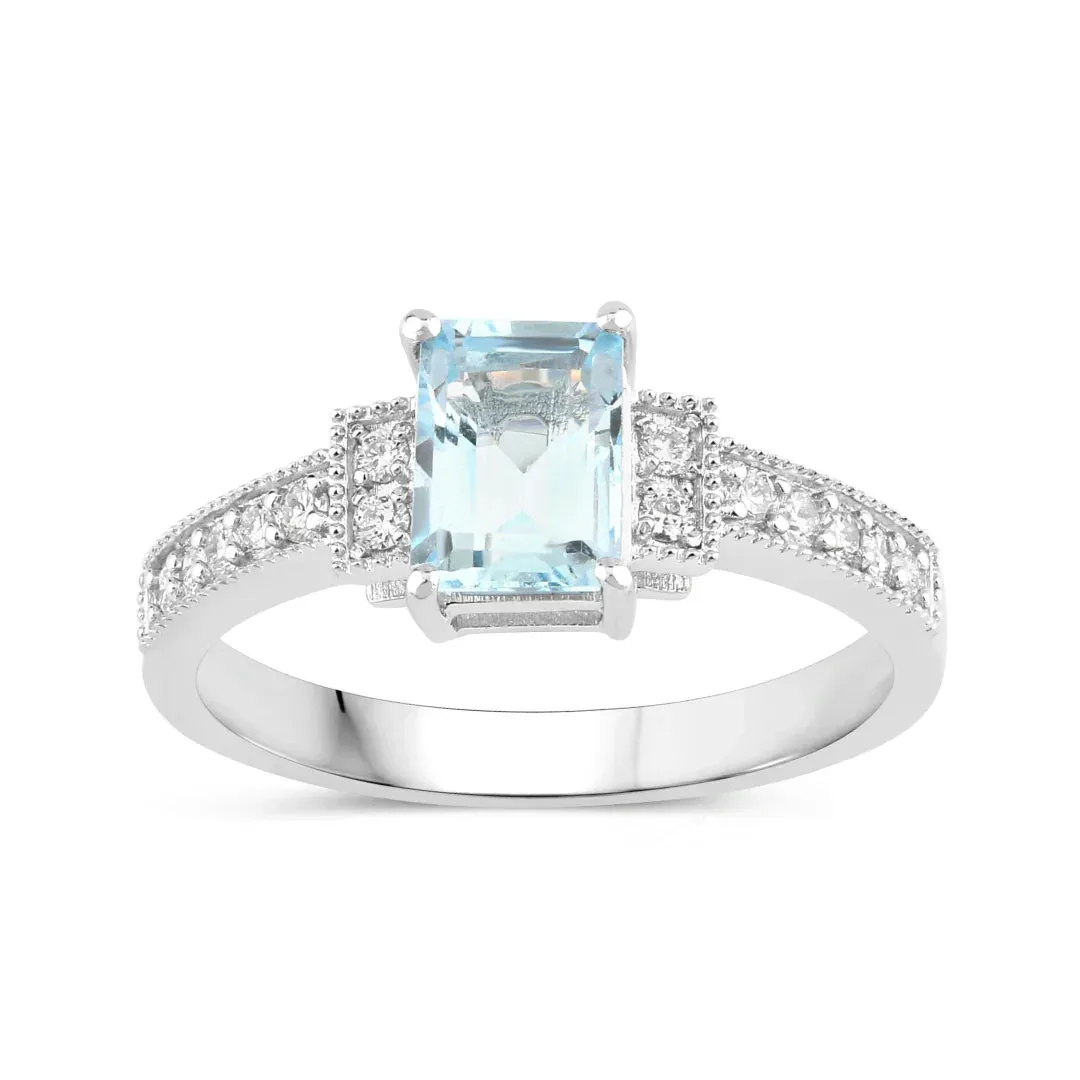 0.80 Ct Octagon Blue Aquamarine & Lab Diamond Prong Silver Pave Bridge Ring sold by Zulily