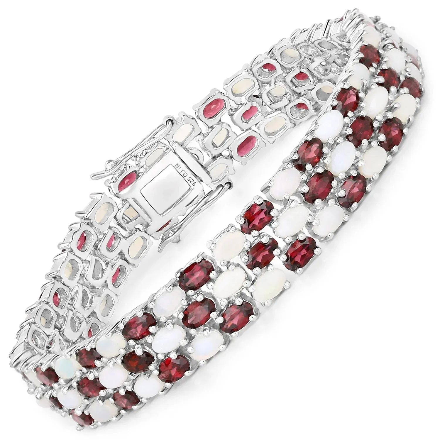 24.08 Cttw Oval White Opal and Red Rhodolite Prong Silver Three Row Tennis Bracelet sold by Zulily product image thumbnail 2