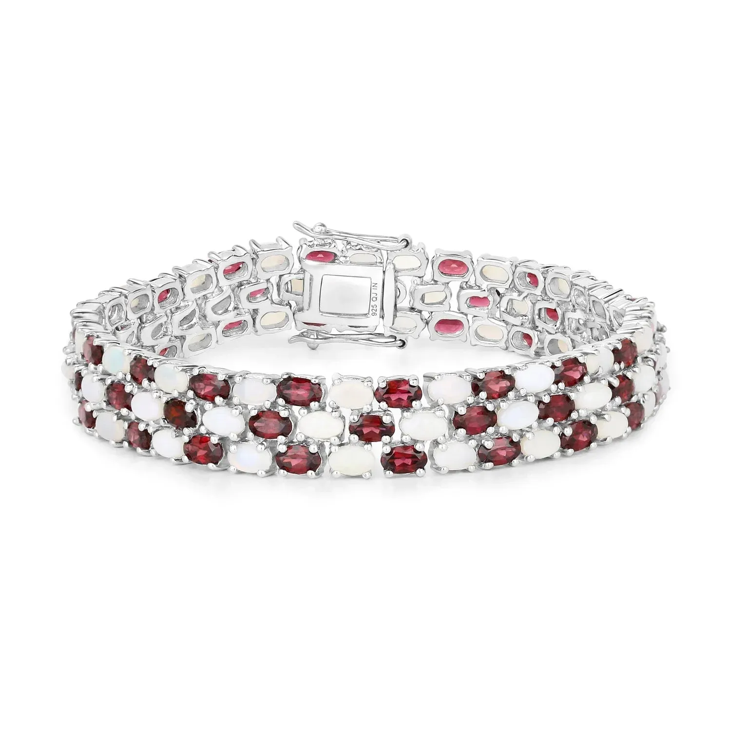 24.08 Cttw Oval White Opal and Red Rhodolite Prong Silver Three Row Tennis Bracelet sold by Zulily