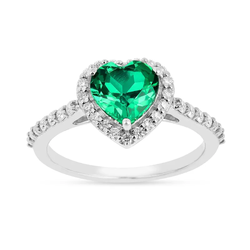 1.31 Ct Heart Green Colombian Lab Created Emerald and Moissanite Prong Silver Halo Wedding Ring made by Zulily