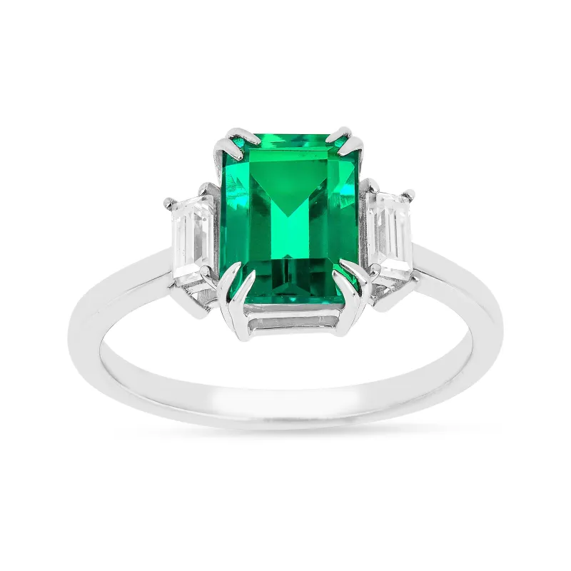 2.04 Ct Octagon Green Colombian Lab Created Emerald and Moissanite Prong Silver Three Stone Statement Ring made by Zulily