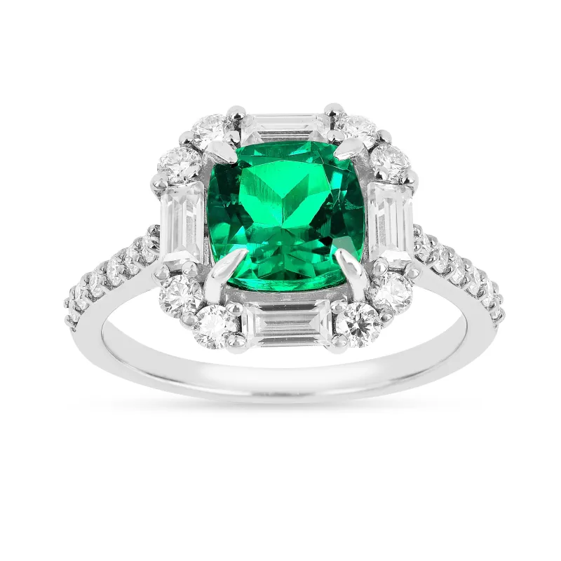 2.34 Ct Cushion Green Colombian Lab Created Emerald and Moissanite Prong Silver Halo Engagement Ring made by Zulily