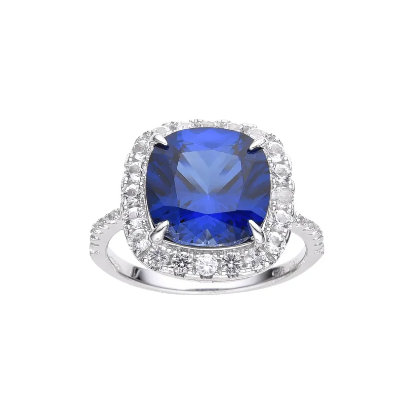 4.00 Ct Cushion Lab-Grown Ceylon Blue Sapphire Prong Silver Halo Statement Ring made by Zulily