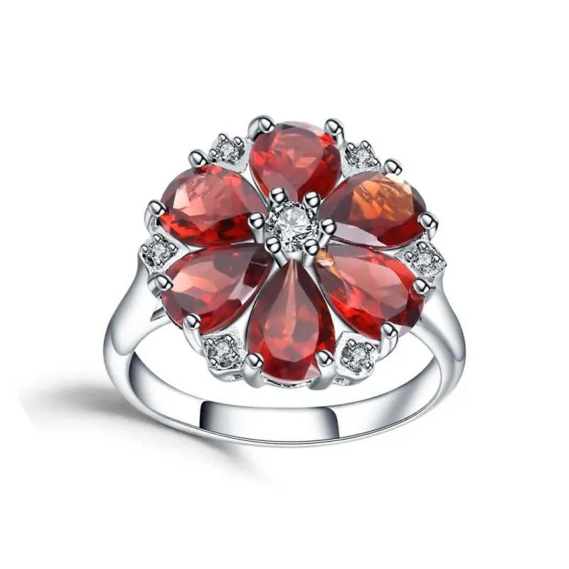 2.44 Ct Pear Red Garnet and Cubic Zirconia Prong Silver Flower Ring made by Zulily