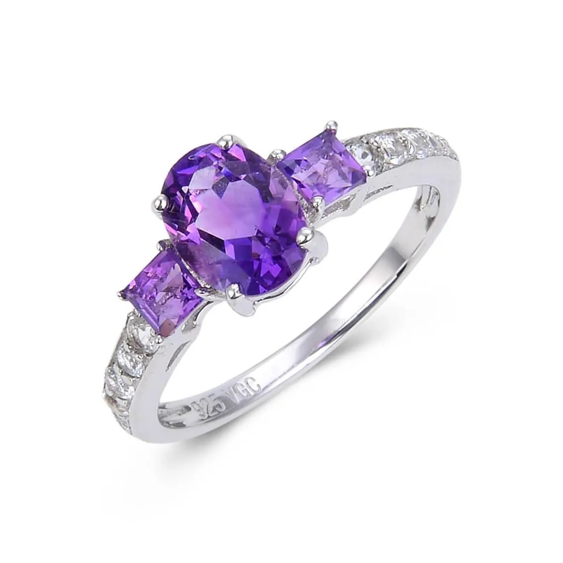 1.50 Ct Oval and Square Purple Amethyst and White Topaz Prong Silver Three Stone Ring sold by Zulily product image thumbnail 3