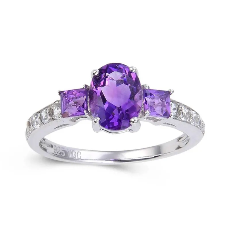 1.50 Ct Oval and Square Purple Amethyst and White Topaz Prong Silver Three Stone Ring made by Zulily