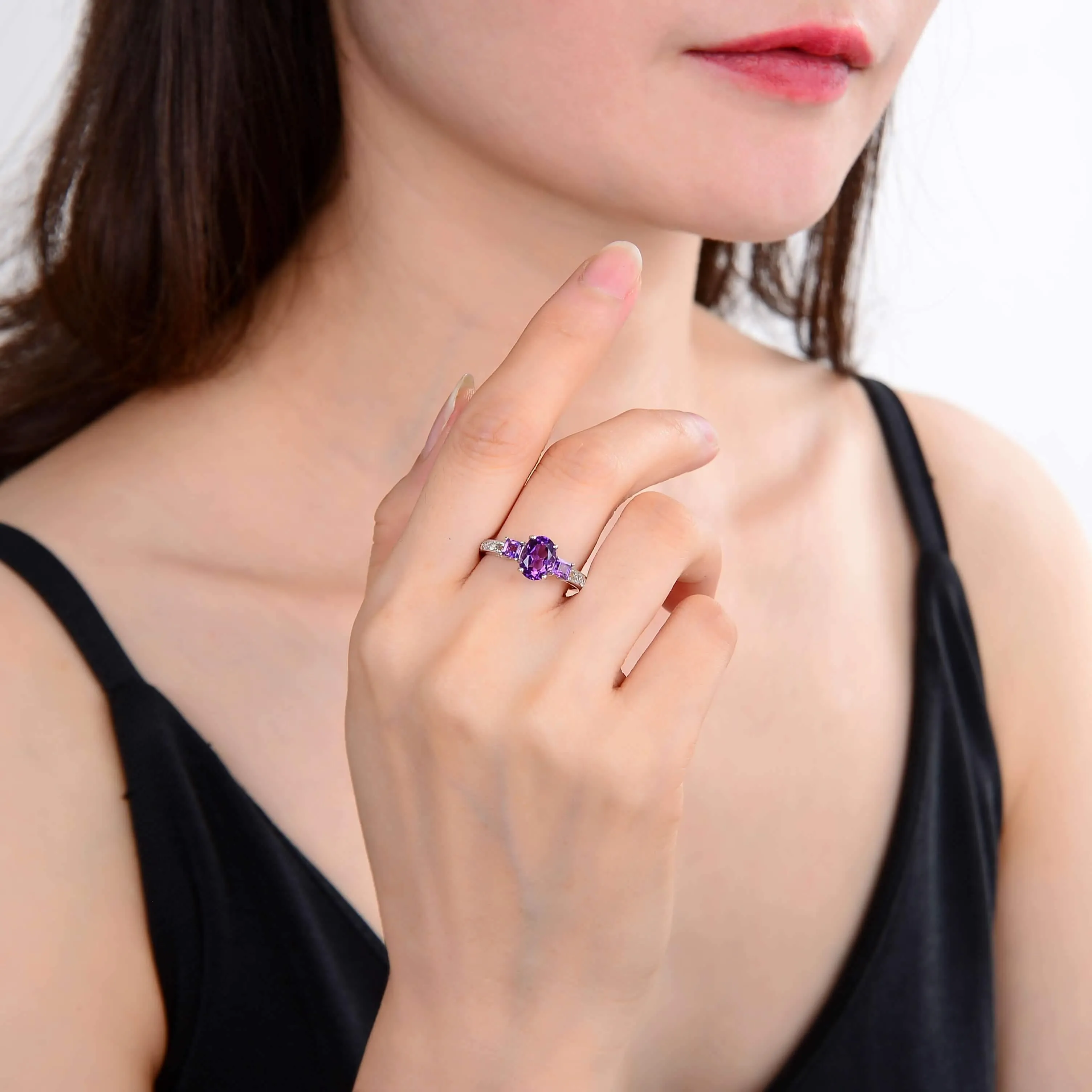 1.50 Ct Oval and Square Purple Amethyst and White Topaz Prong Silver Three Stone Ring sold by Zulily product image thumbnail 2