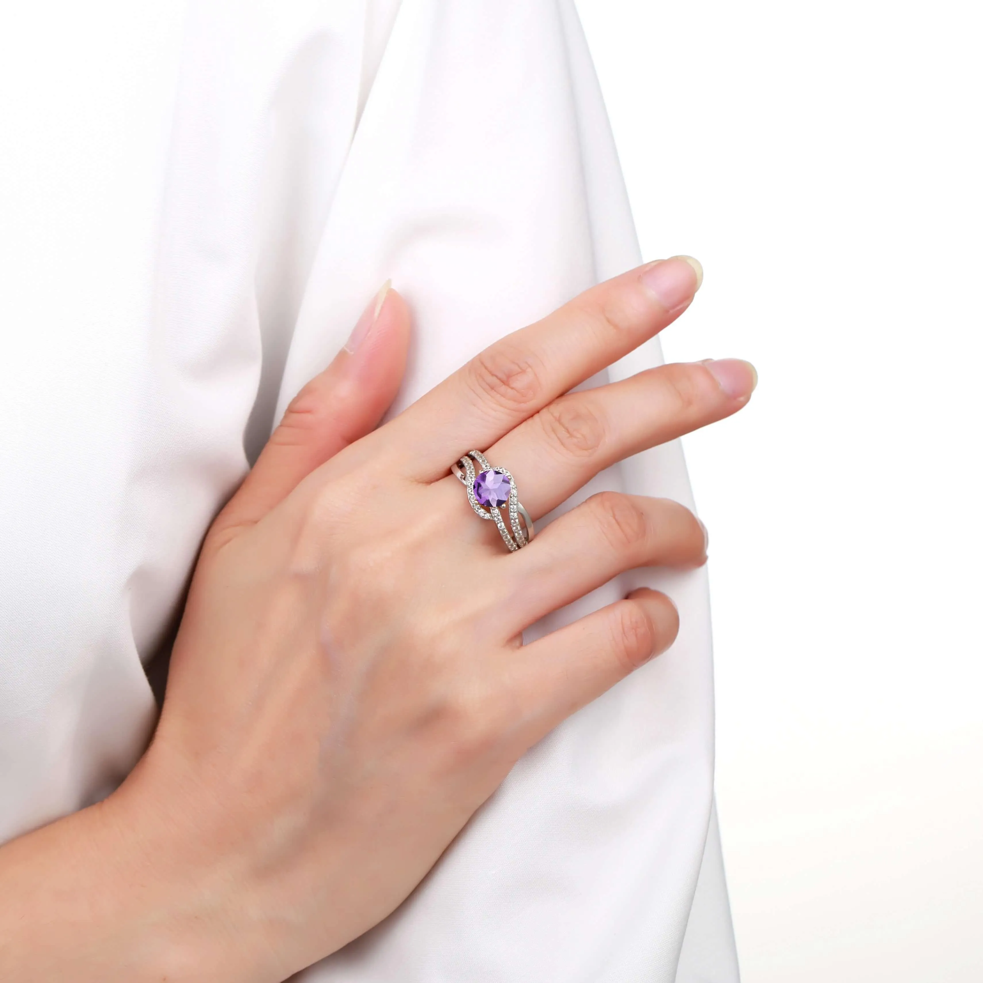 0.98 Ct Round Purple Amethyst and White Sapphire Prong Silver Cocktail Ring sold by Zulily product image thumbnail 3