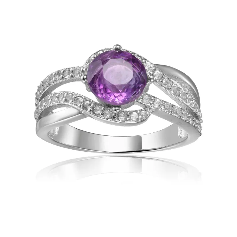 0.98 Ct Round Purple Amethyst and White Sapphire Prong Silver Cocktail Ring made by Zulily