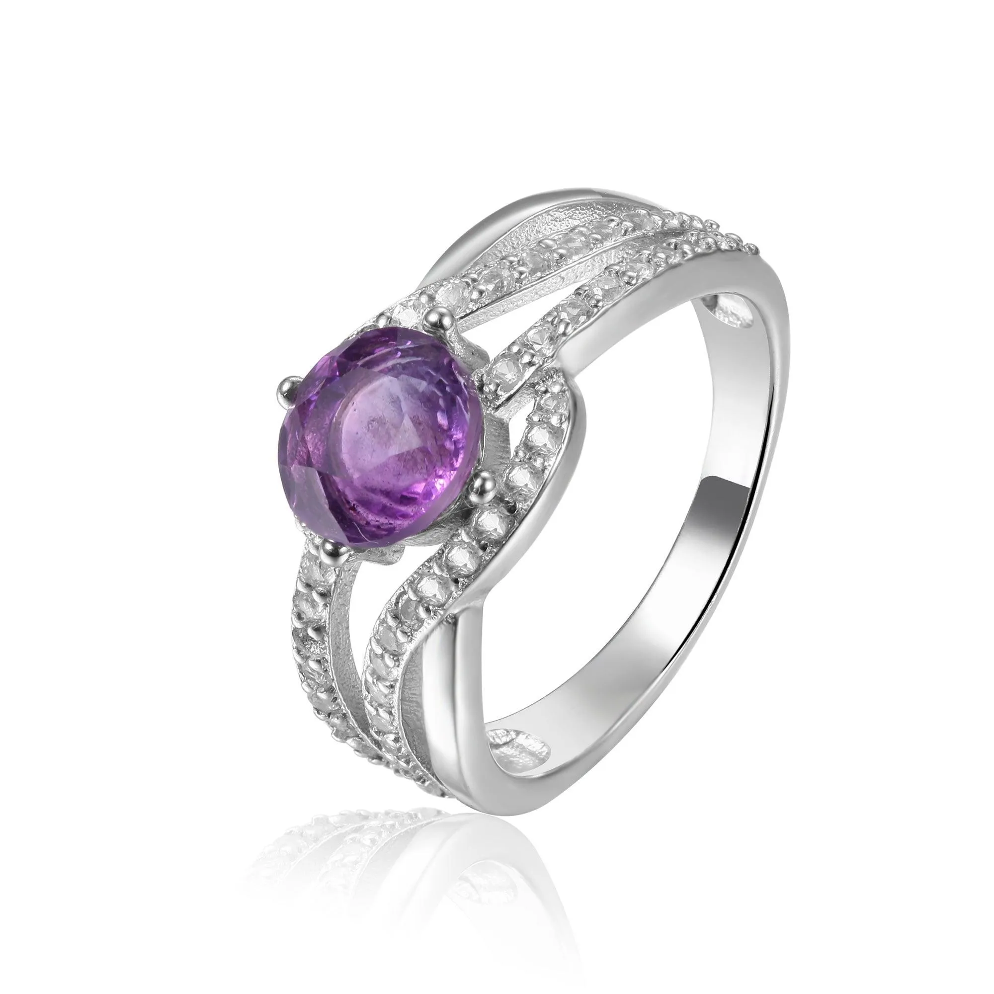 0.98 Ct Round Purple Amethyst and White Sapphire Prong Silver Cocktail Ring sold by Zulily product image thumbnail 2