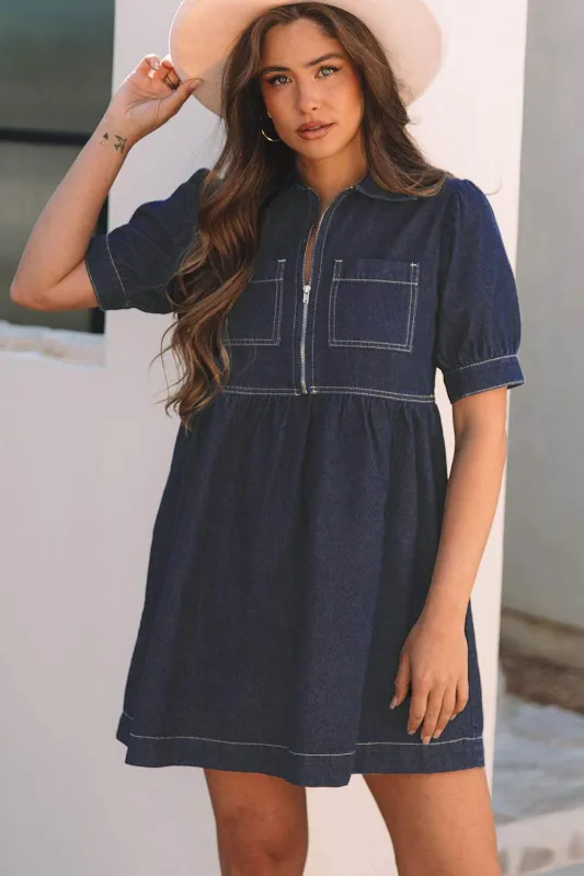 Threaded Pear Melina Zipped up Denim Dress made by Threaded Pear