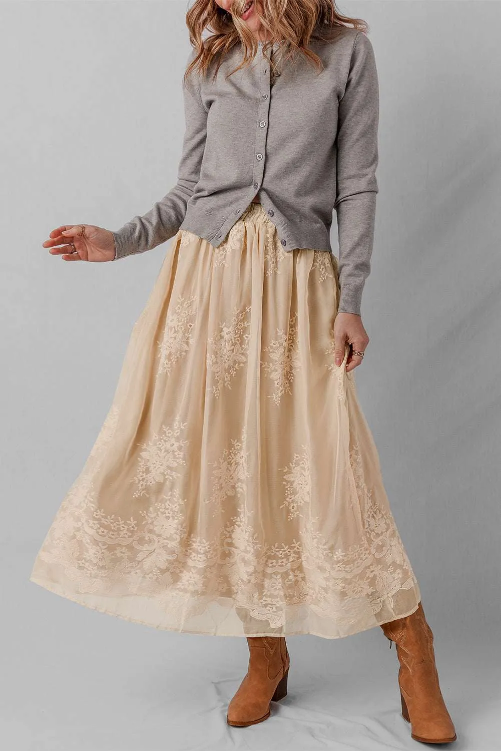 Threaded Pear Vivienne Embroidered Mesh Overlay Long Skirt sold by Zulily