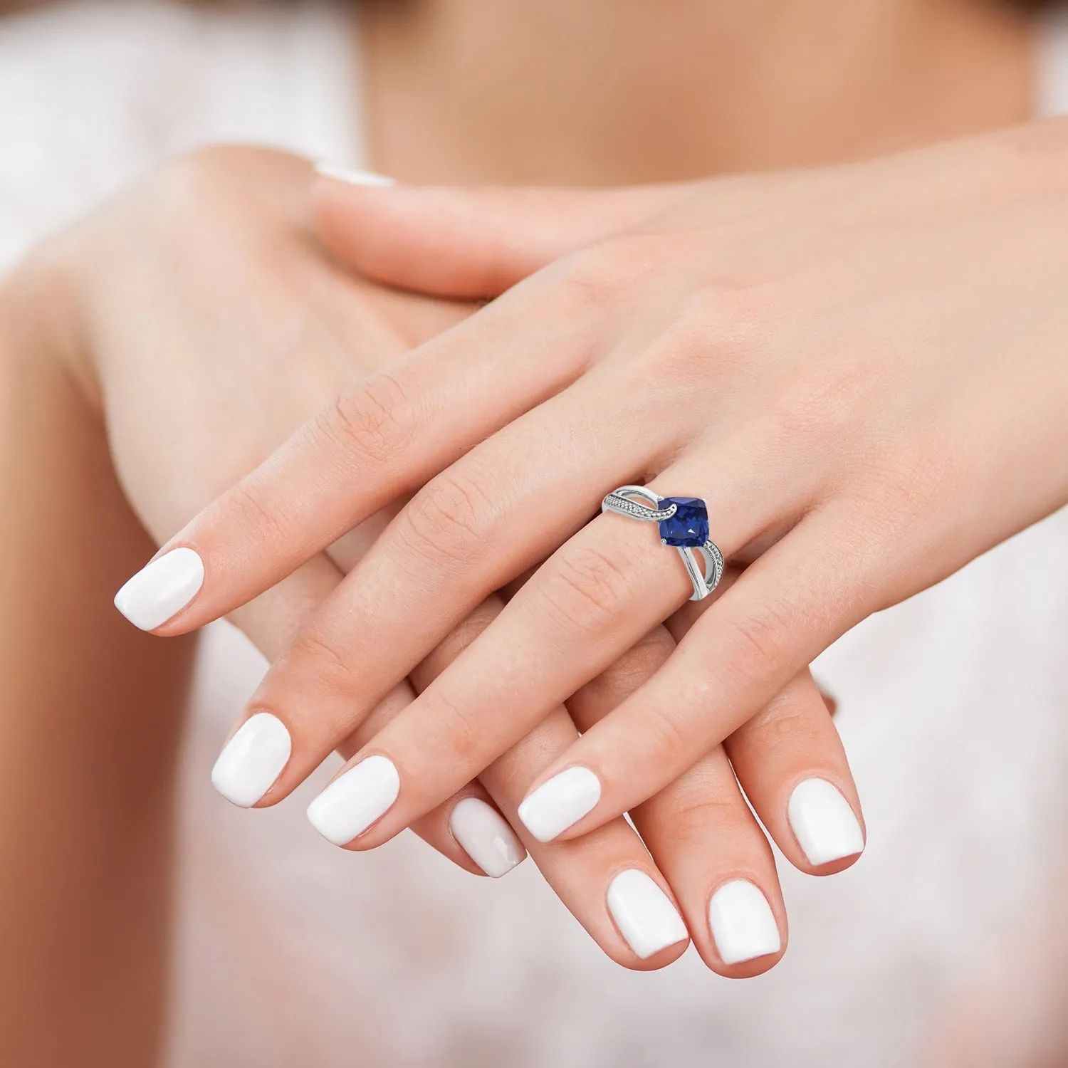 2.5 Ct Cushion Blue Created Sapphire With Diamond Silver Infinity Bypass Ring sold by Zulily product image thumbnail 2