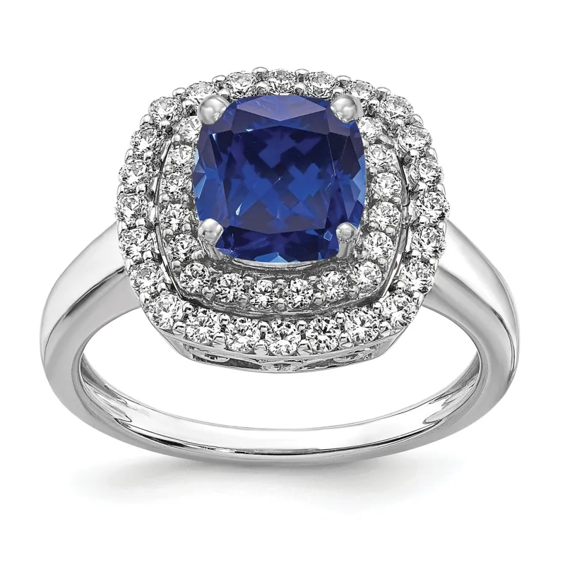 2.31 Ct Cushion Blue Created Sapphire & Lab Diamond Prong 14K White Gold Double Halo Ring made by Zulily