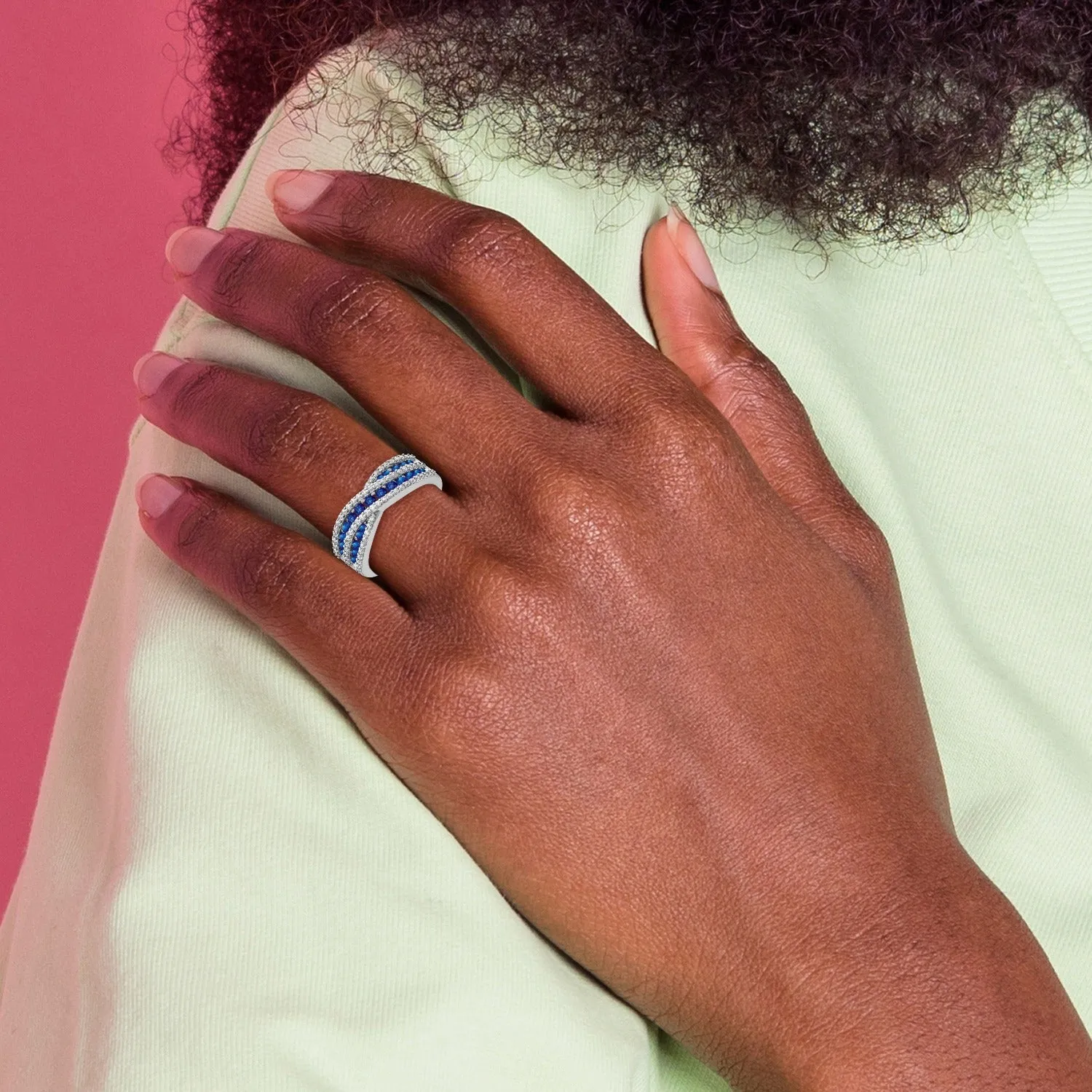 1.30 Ct Round Blue Sapphire & Diamond Pavé 14K White Gold Crossover Infinity Band Ring sold by Zulily product image thumbnail 2