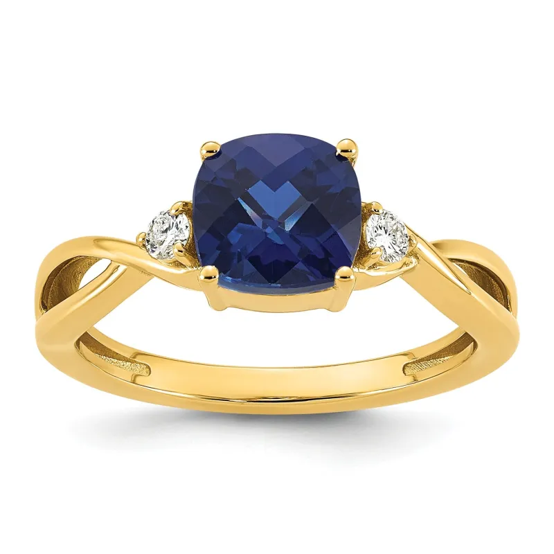 0.89 Ct Cushion Blue Created Sapphire & Lab Diamond Three Stone 14K Gold Bypass Ring made by Zulily