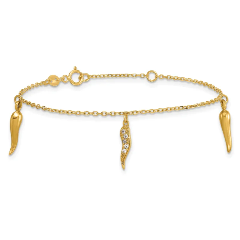 Round White Cubic Zirconia Prong 14K Yellow Gold 3 Italian Horn Dangles with Spring Ring Clasp Charm Bracelet made by Zulily