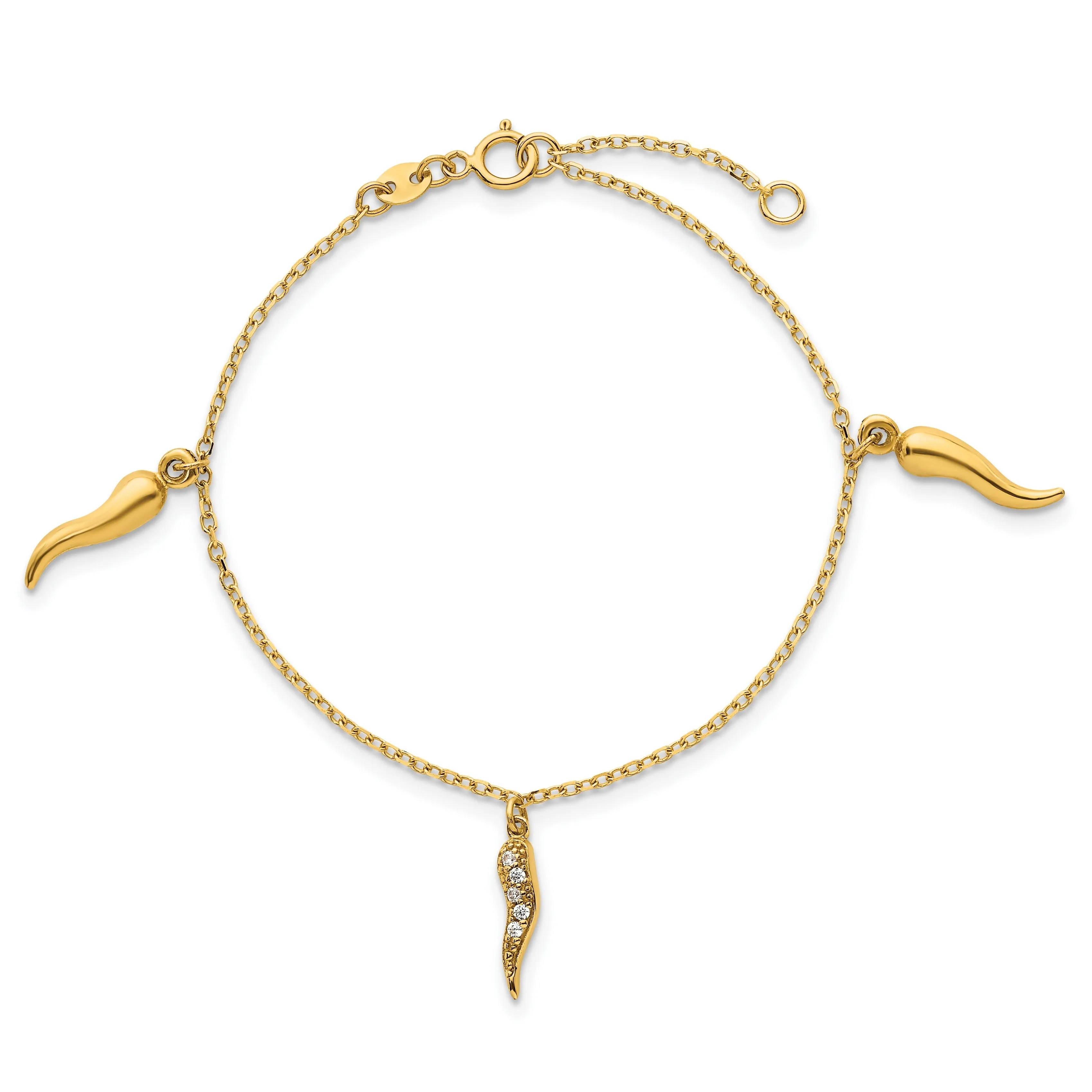 Round White Cubic Zirconia Prong 14K Yellow Gold 3 Italian Horn Dangles with Spring Ring Clasp Charm Bracelet sold by Zulily product image thumbnail 5