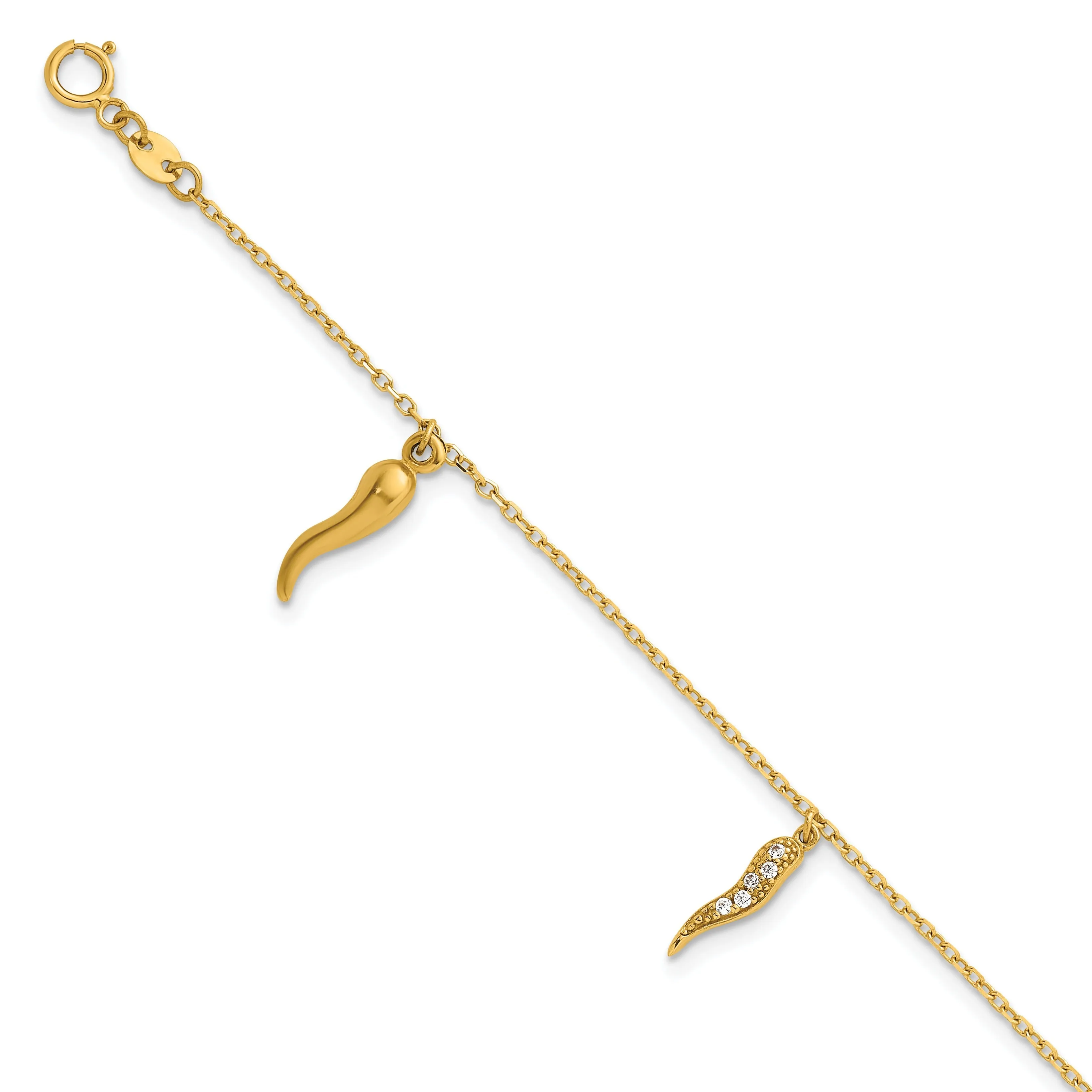 Round White Cubic Zirconia Prong 14K Yellow Gold 3 Italian Horn Dangles with Spring Ring Clasp Charm Bracelet sold by Zulily product image thumbnail 2