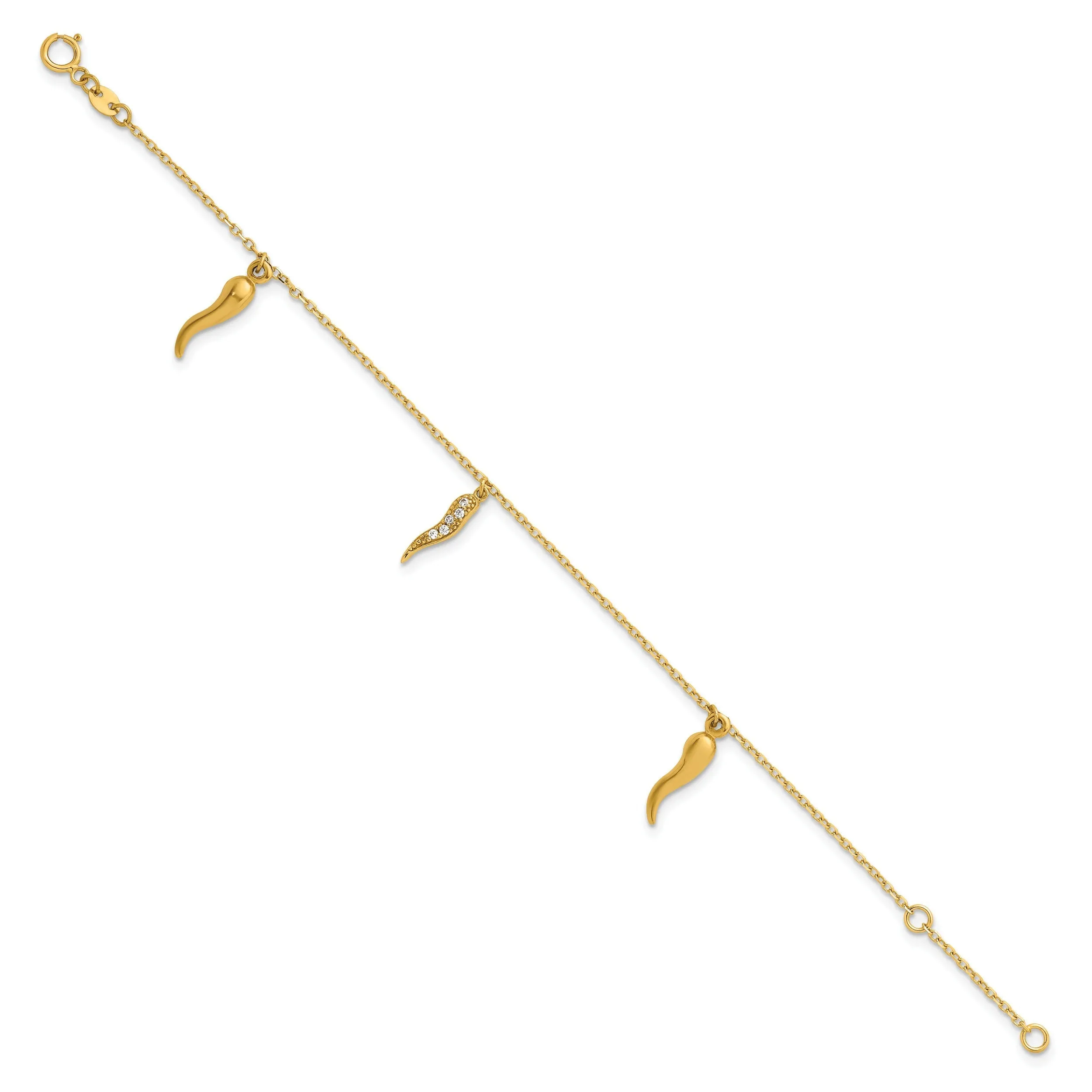 Round White Cubic Zirconia Prong 14K Yellow Gold 3 Italian Horn Dangles with Spring Ring Clasp Charm Bracelet sold by Zulily product image thumbnail 3