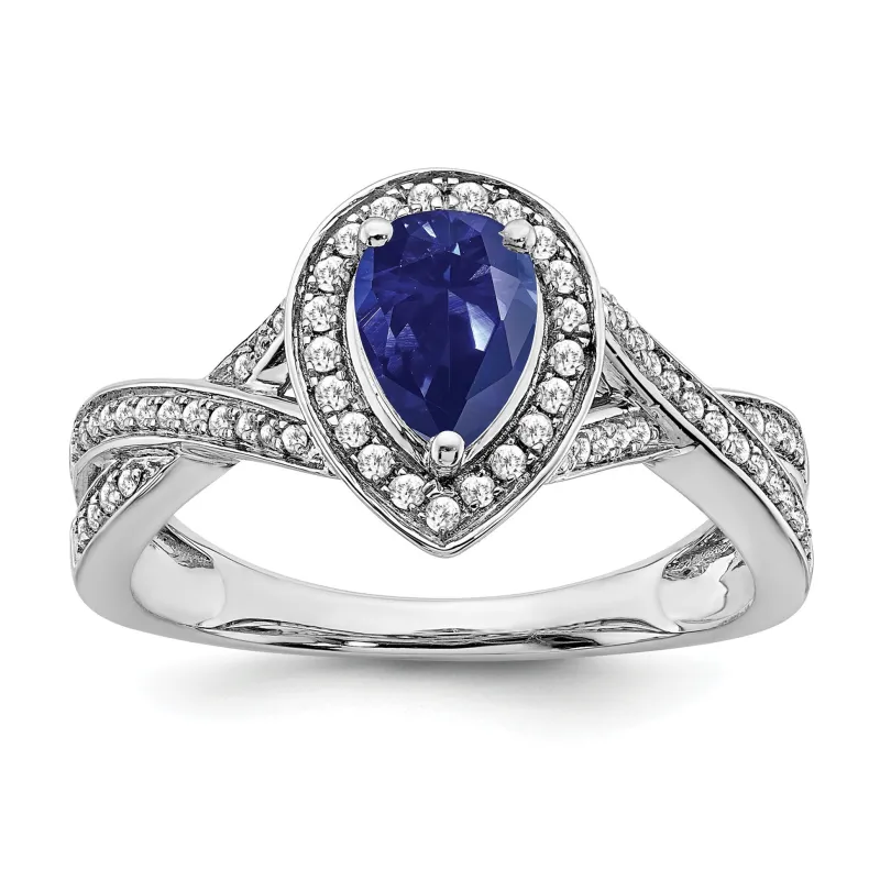 0.74 Ct Pear Blue Created Sapphire & Diamond Prong 14K White Gold Twisted Halo Ring made by Zulily