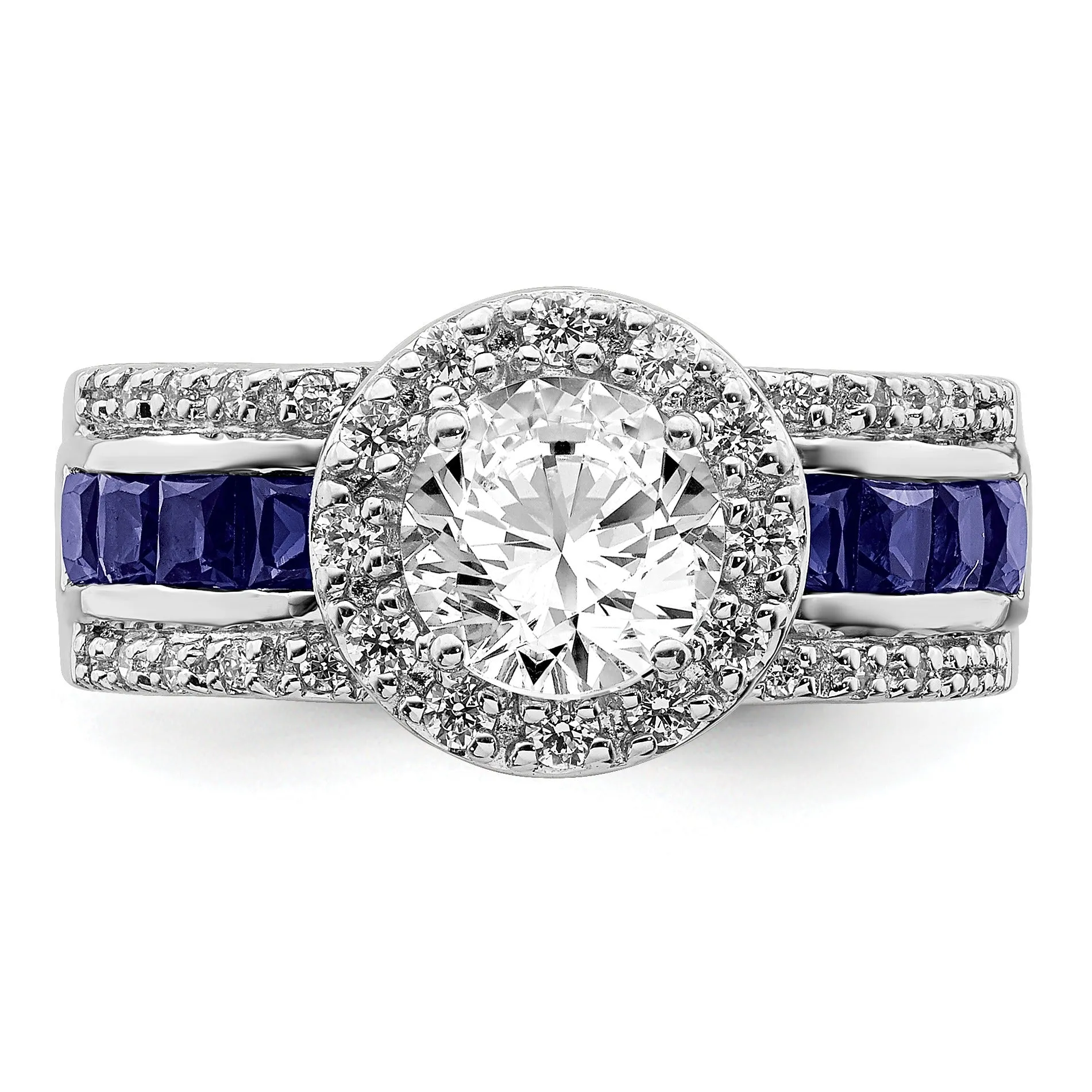 3.29 Ct Princess Blue Lab Created Sapphire & CZ Prong Sterling Silver Rhodium Plated Halo Ring sold by Zulily product image thumbnail 3