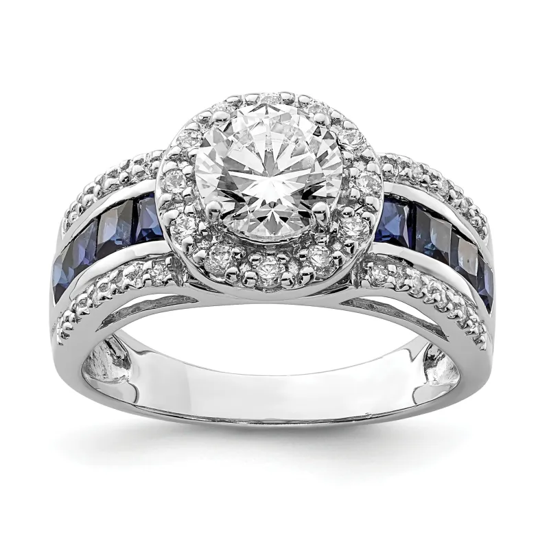 3.29 Ct Princess Blue Lab Created Sapphire & CZ Prong Sterling Silver Rhodium Plated Halo Ring made by Zulily
